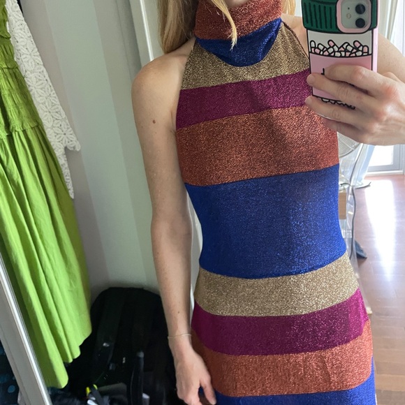 Oseree Highneck Halter Dress in Shimmery Stripe Size S - Picture 2 of 11
